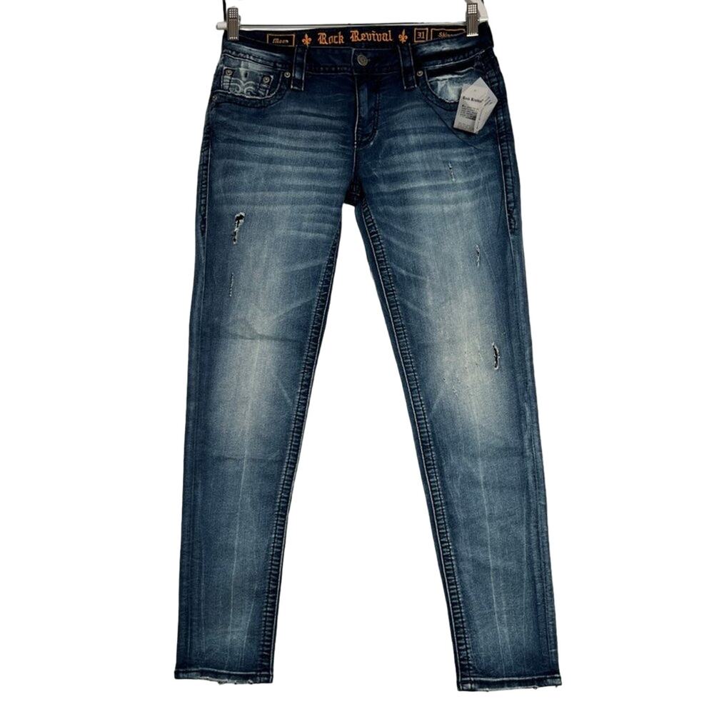 Rock Revival Moon Skinny Stretch Jeans Womens 31x30 Low Rise Slim Designer NWT